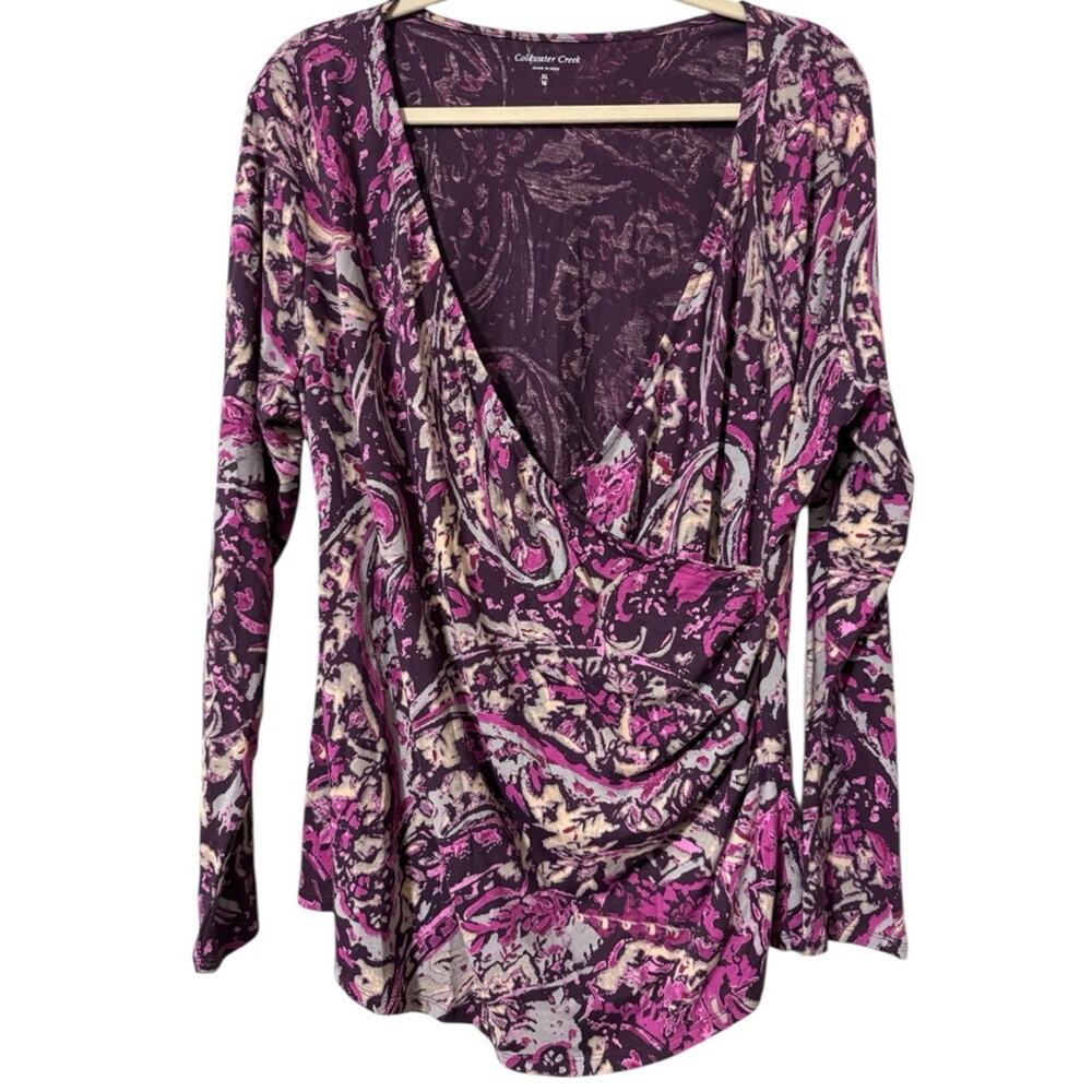 Coldwater Creek faux wrap shirt ruched side purple & gray multi pattern size 16